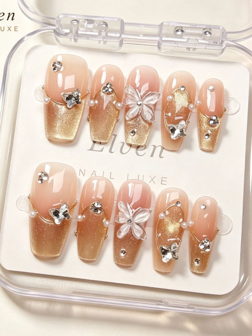Luxury Glam Medium Coffin Press On Nails Peach Nude Gold Shimmer 3D Butterfly